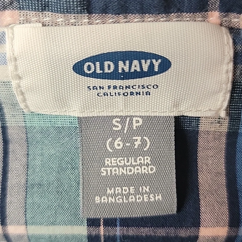 OLD NAVY **3 for $20 item** Boy's Blue Pink Plaid Casual Button Down Shirt S‎
